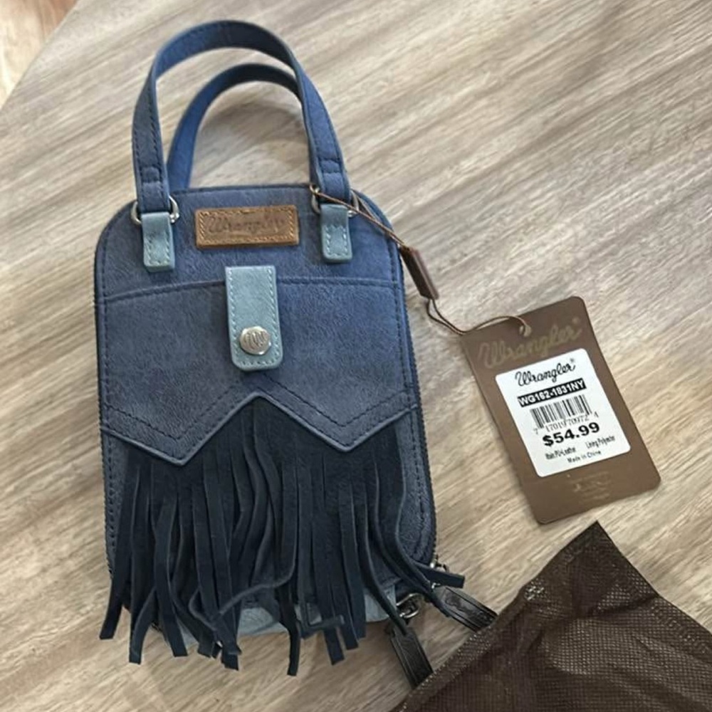 Wrangler Blue Denim Crossbody Bag with Fringe
